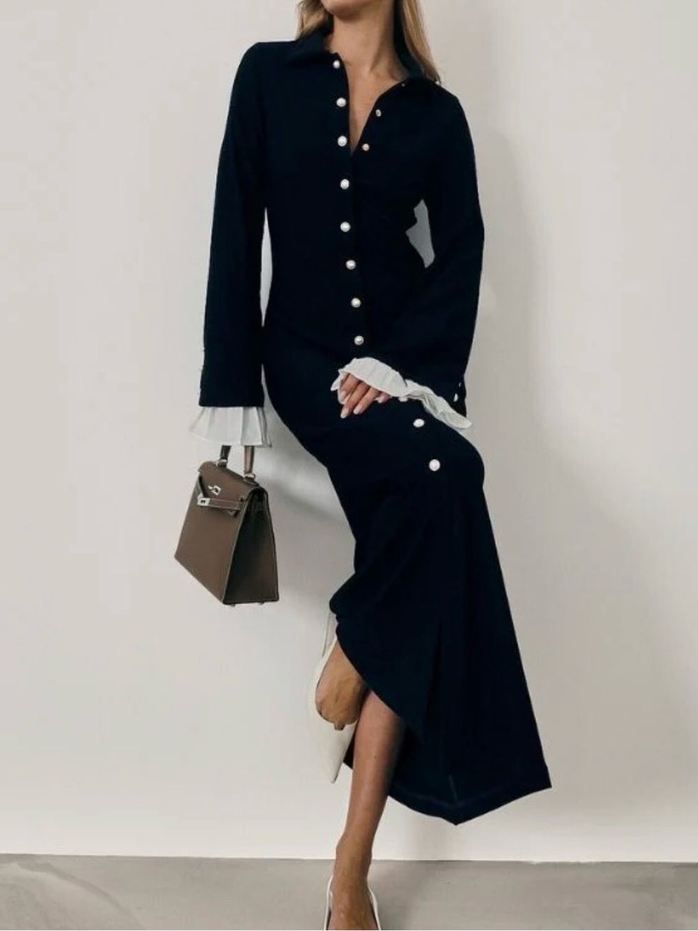 Navy Long-Sleeve Button-Front Maxi Dress with Contrast Cuffs